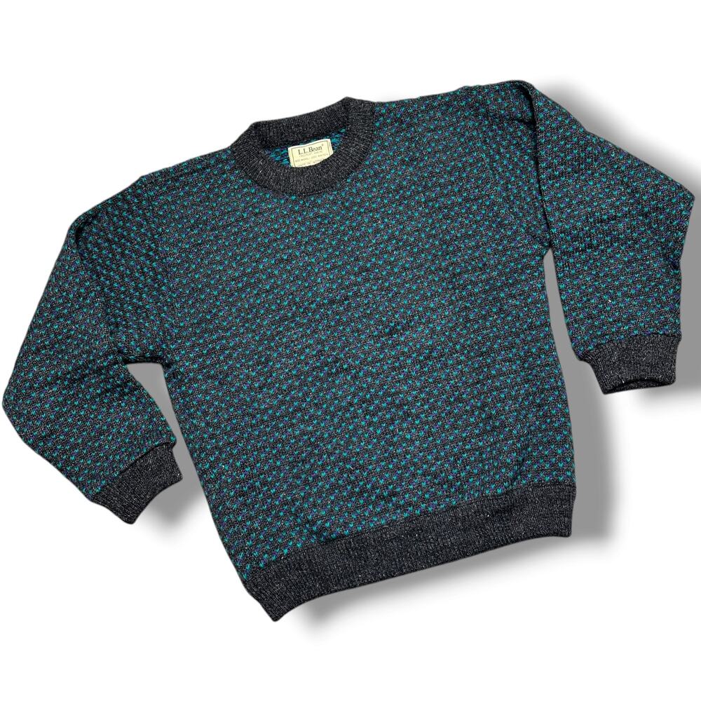 Vintage 80s LL Bean Birdseye Wool Sweater Norway Teal Purple Charcoal Sz M
